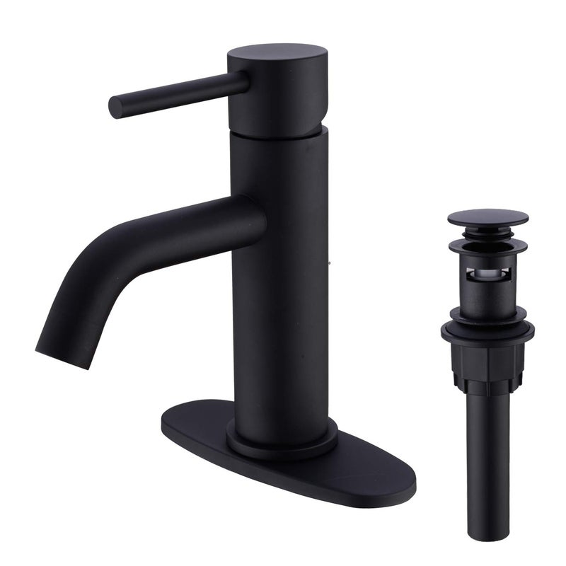 TRUSTMI Black Bathroom Faucet with Pop Up Drain Assembly and 6-Inch 3 Hole Cover Deck Plate, Brass Single Handle Single Hole Bathroom Sink Faucet, Matte Black - Image 1
